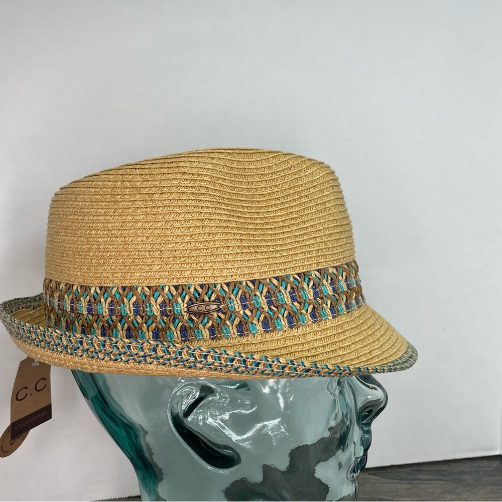 C.C Straw Fedora Hat with Turquoise and Purple Trim - Picture 3 of 11